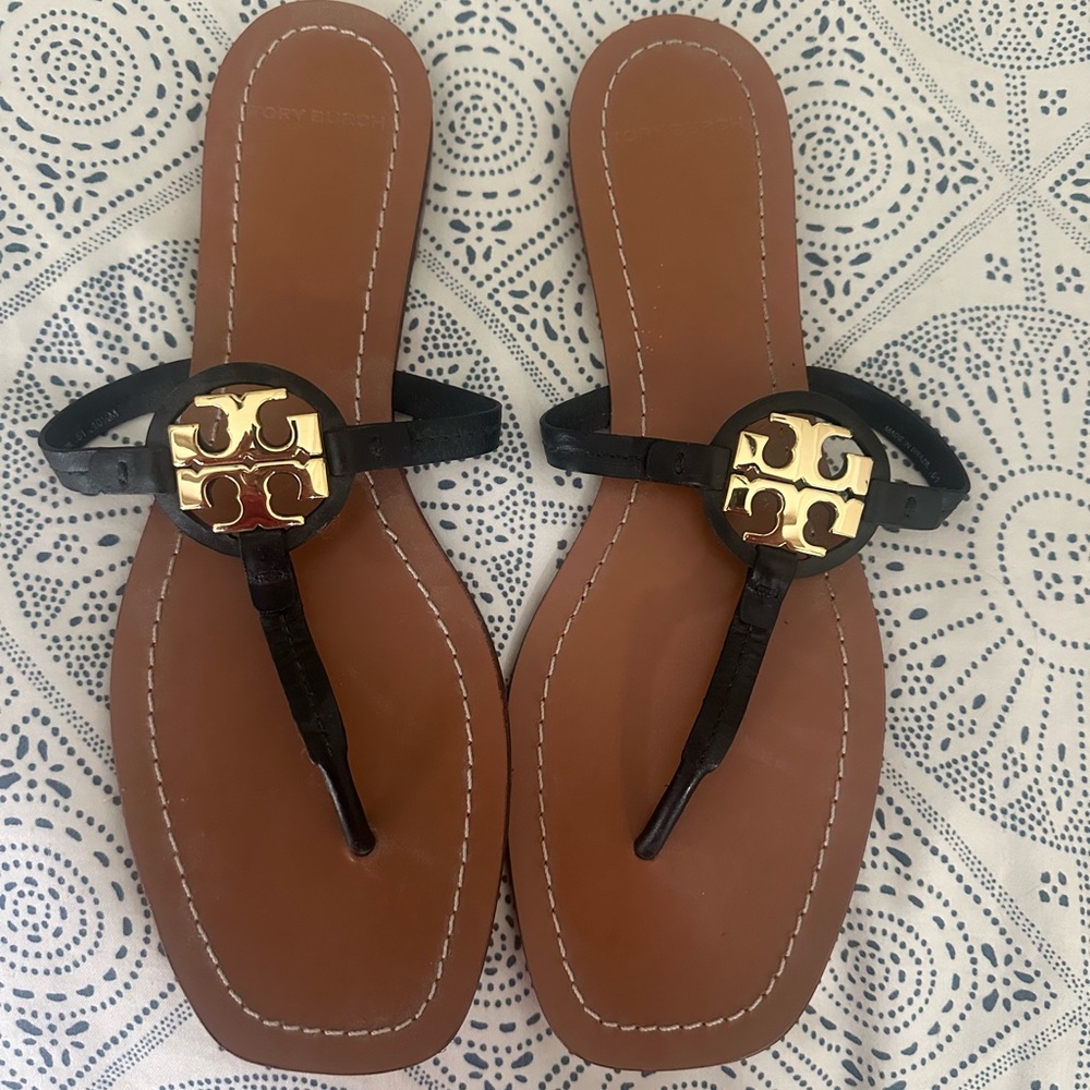 Tory Burch Black Mini Miller Leather Sandals with Gold Logo- Only Worn Once!